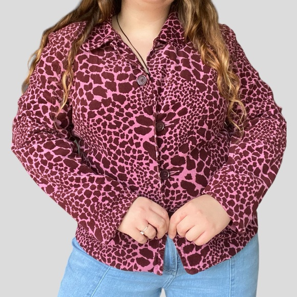 Y2k pink giraffe printed corduroy button up collared coat - Picture 5 of 7